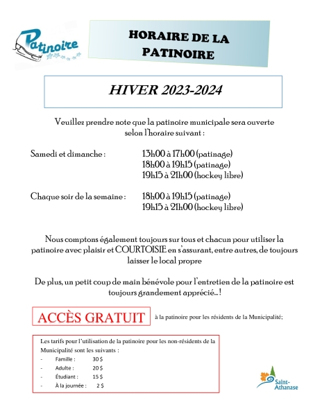 Horaire patinoire 2023 2024